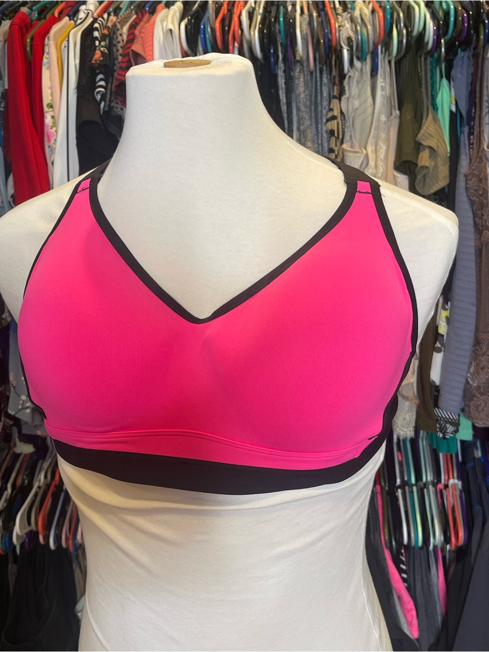 High-Impact Pink Racerback Sports Bra with Black Trim